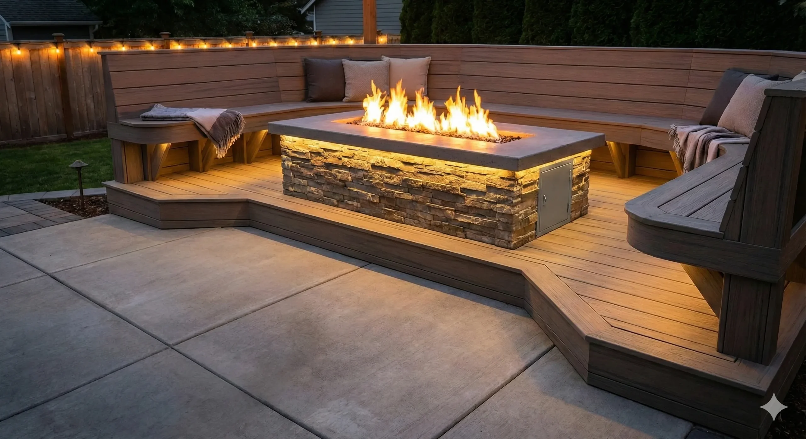Decks, Porches, and Outdoor Living Custom Fire Feature in Backyard